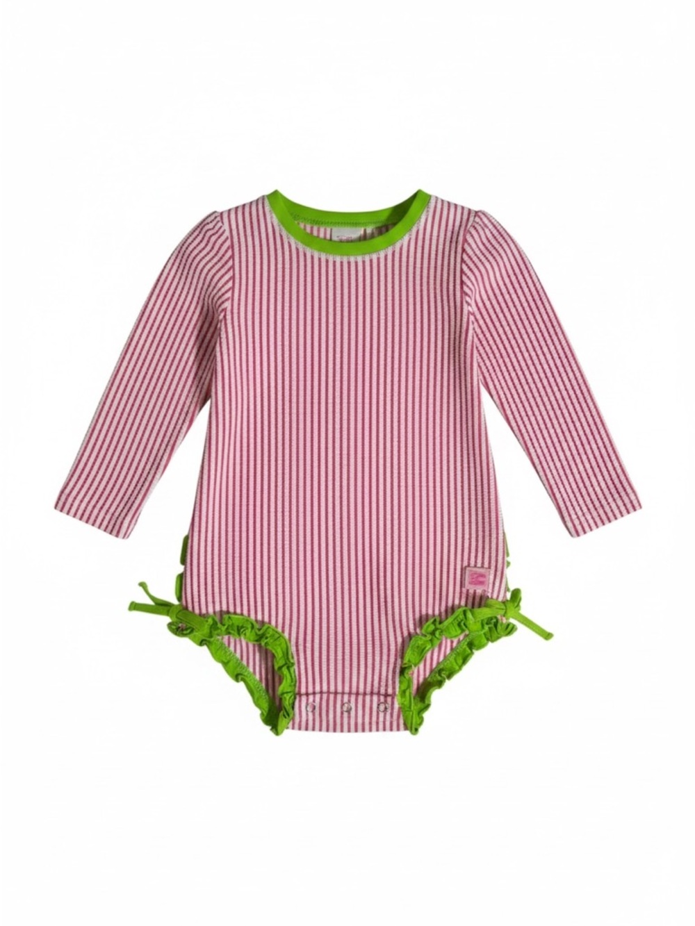 Ruffle Butts Pink Stripe Onesie with Lime Green Trim